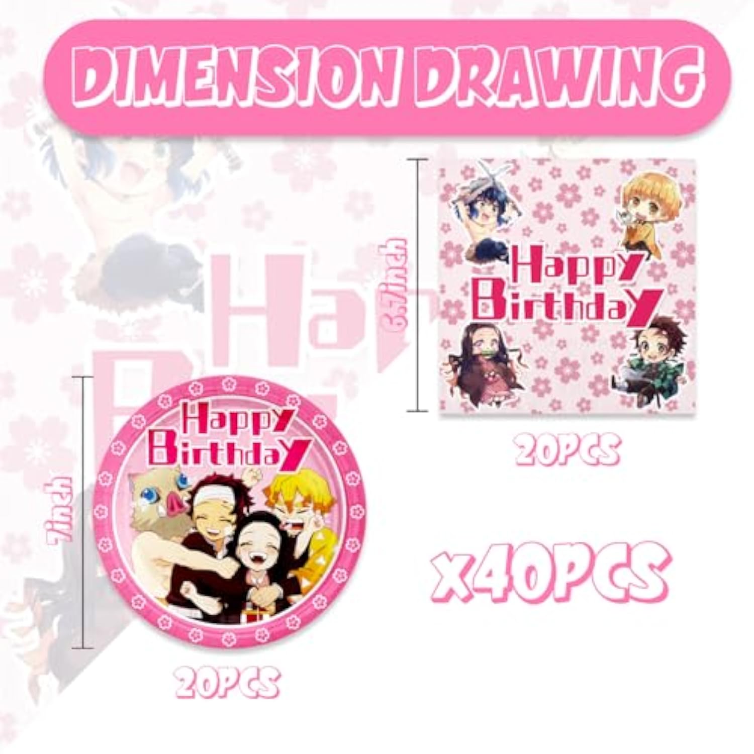 Demon-Slayer Party Supplies 40Pack Include 20 Plates, 20 Napkins Tablecloth For Demon Birthday Party Decoration