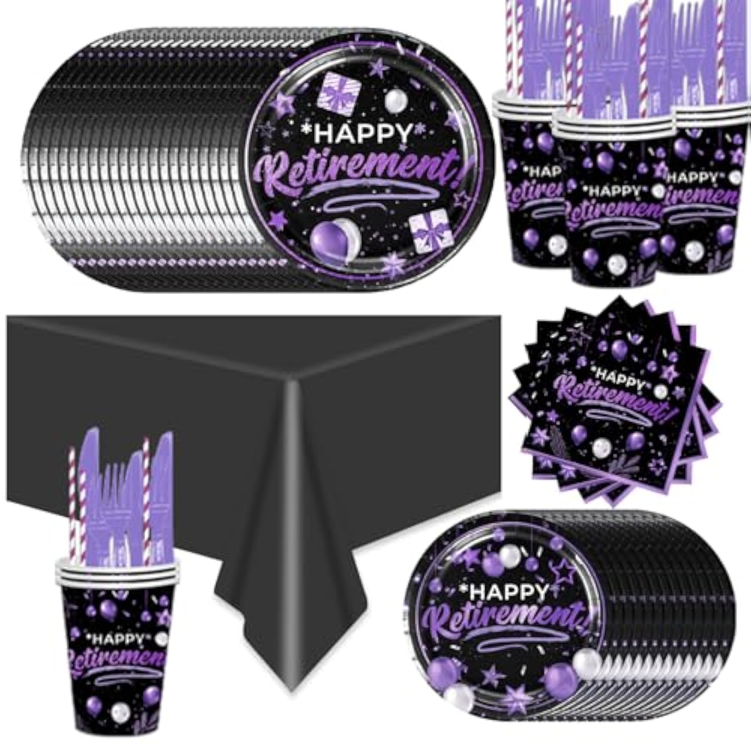 141Pcs Happy Retirement Party Decorations For 20 Guests - Purple And Black Retirement Party Plates And Napkins Forks Cups Cutlery For Men Women Say Goodbye Supplies