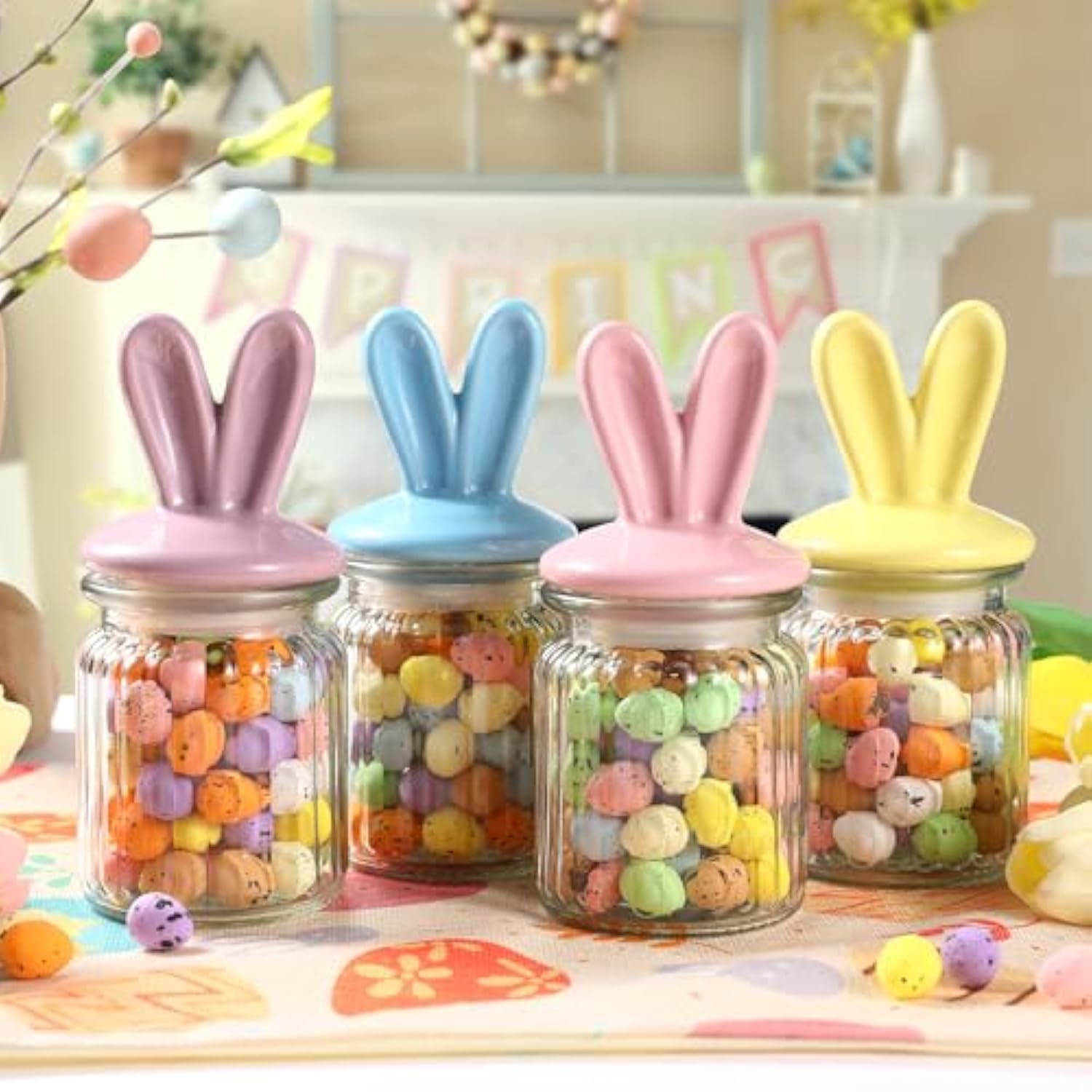 Easter Decorations- 4 Pcs Glass Jars With Ceramic Bunny Ear Lid-Easter Glass Storage For Chocolate Candy Sweets Gift Mini Eggs Table Decoration