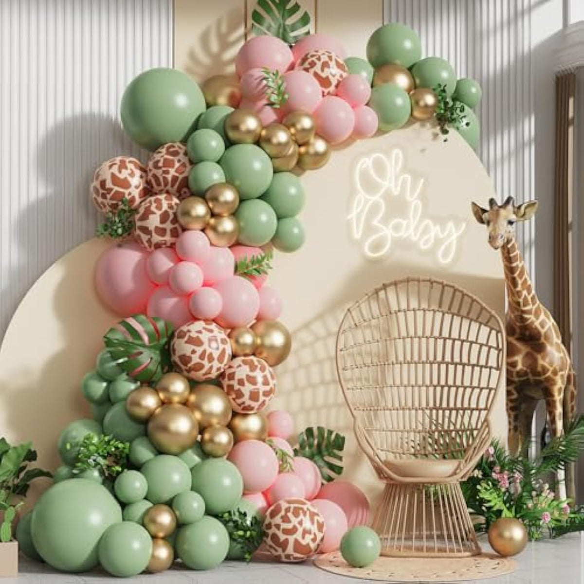 Pink Jungle Safari Balloon Garland Arch Kit 144Pcs Sage Green And Pink Giraffe Animal Print Balloons For Woodland Girls Baby Shower Wild One First Birthday Party Decoration