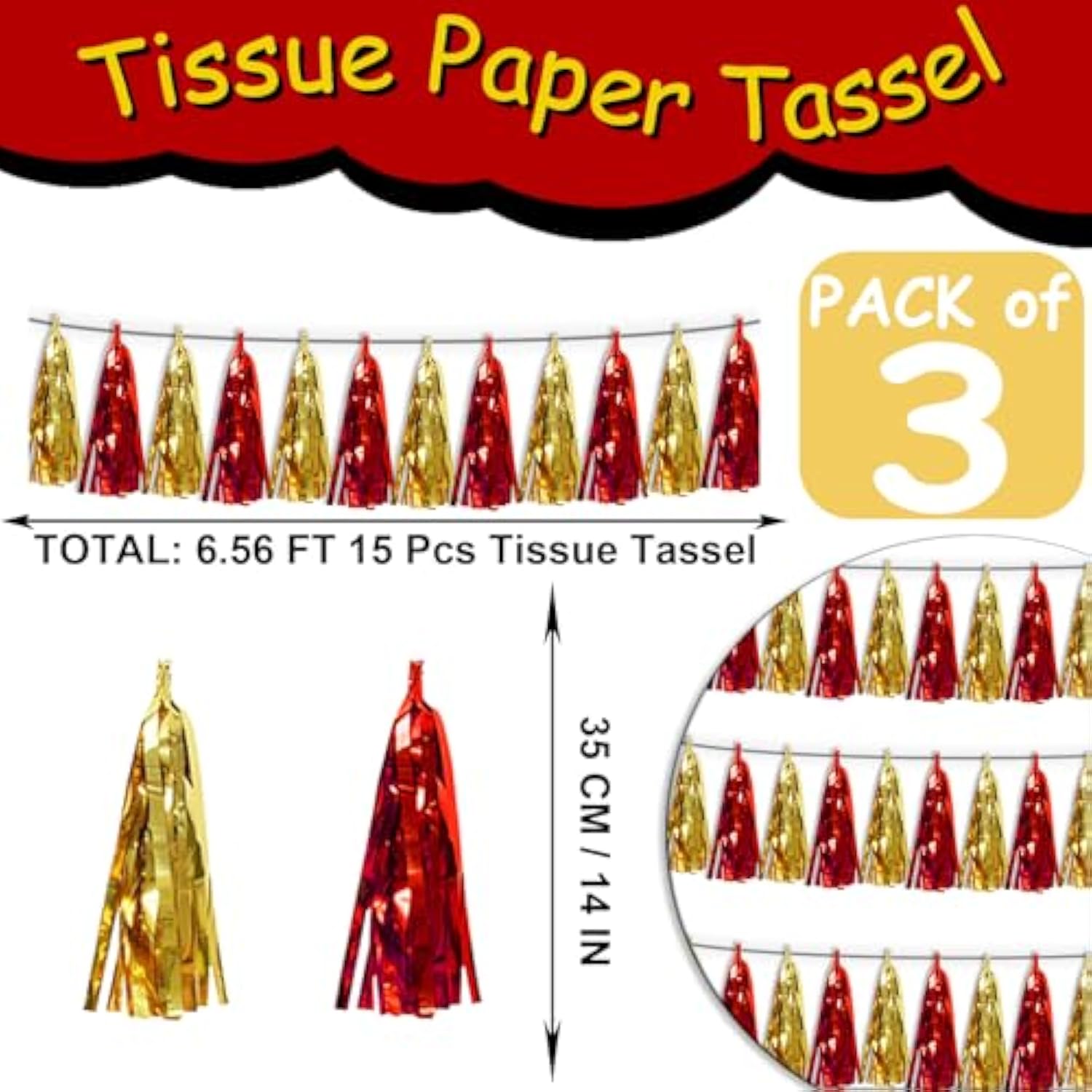 3P Red Gold Tassel Banner Garland Metallic Foil Fringe Banner Tinsel Tassels Streamer Banner Backdrop For Parade Floats Graduation Halloween, Christmas, Baby Bridal Shower Party Decorations