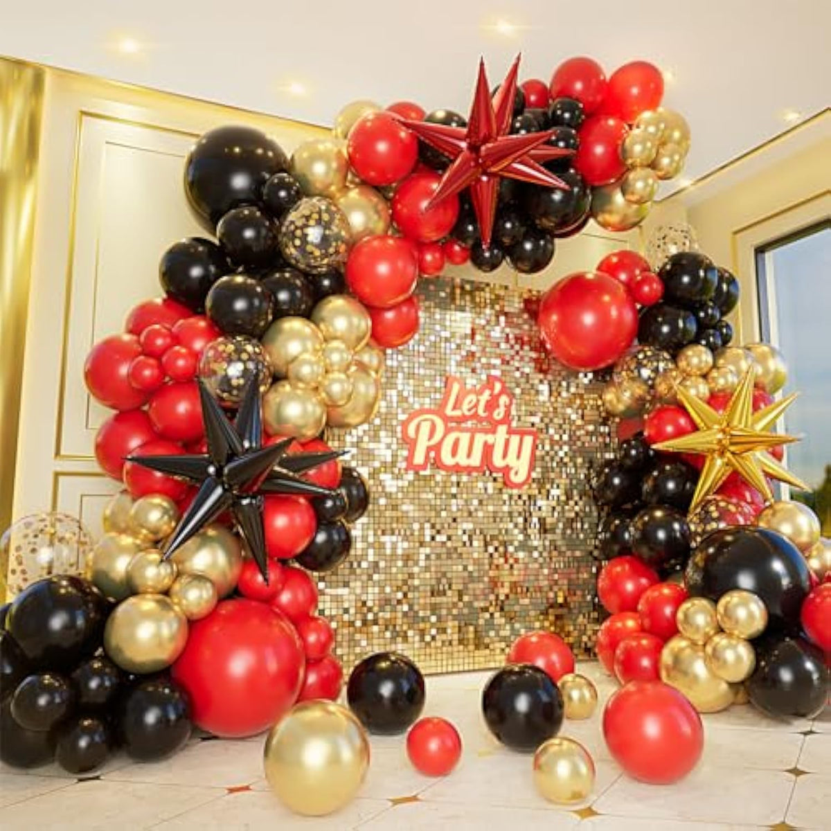 161Pcs Red Black And Gold Balloons Garland Arch Kit With 5/10/12/18In Red Black Gold Balloons Explosion Star Balloons For 2025 Graduation Anniversary Casino Wedding Birthday Party Decorations