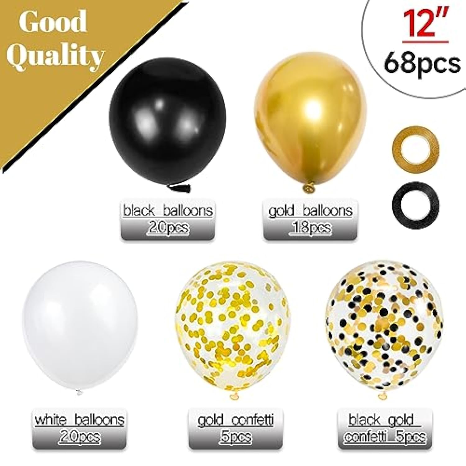 68Pcs Black White Gold Balloons With 12 Inch Black Gold Confetti Balloons For Graduation Birthday Wedding Party Decorations