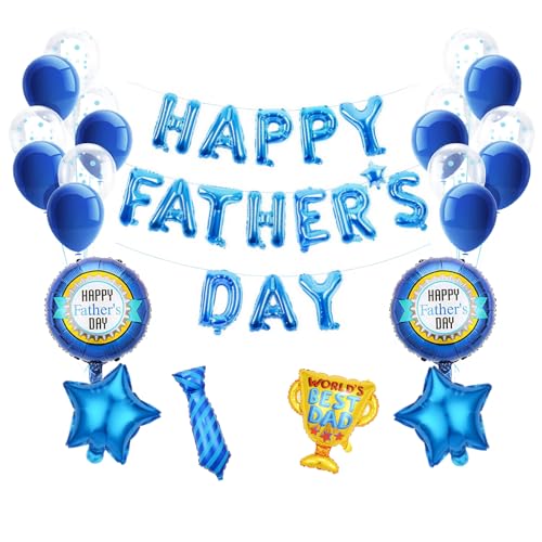 Happy Fathers Day Balloons 44Pcs Father's Day Blue Foil Balloons Banner Five Pointed Star Round Ball Tie Trophy Balloon Happy Fathers day Decorations for Party Supplies