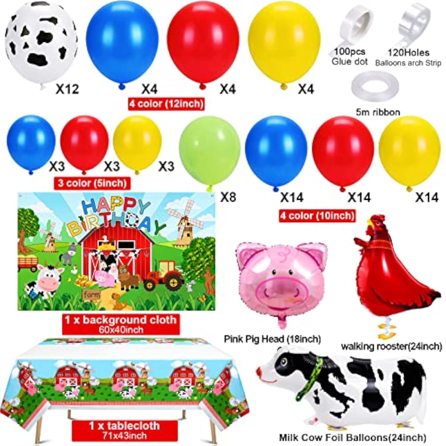 91Pcs Farm Animals Party Decorations Supplies, Farm Barn Animal Backdrop Farmhouse Decor Tablecloth Cow Print Horse Balloon Arch Garland Kit 1St Baby Shower Birthday Party Supply For Kids Girls