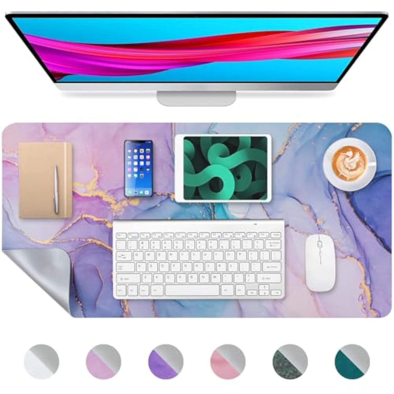 Desk Mat, Desk Pad Dual Leather Sided Desktop Mat For Office And Home,Desk Organization And Accessories Ideal For Large Mouse Pad And Desk Mats On Top Of Desks (Blue Pink Marble 31.5"X 15.7")