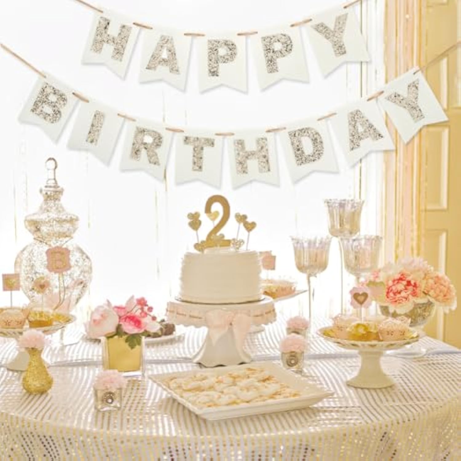 Felt Happy Birthday Banner With Glitter Letters, Cream White Boho Groovy Garland, Reusable Gold Glitter Sign, Thick Felt Bunting Decor For 1St Sweet 16 21St 30 40 50 60 70 Birthday Party