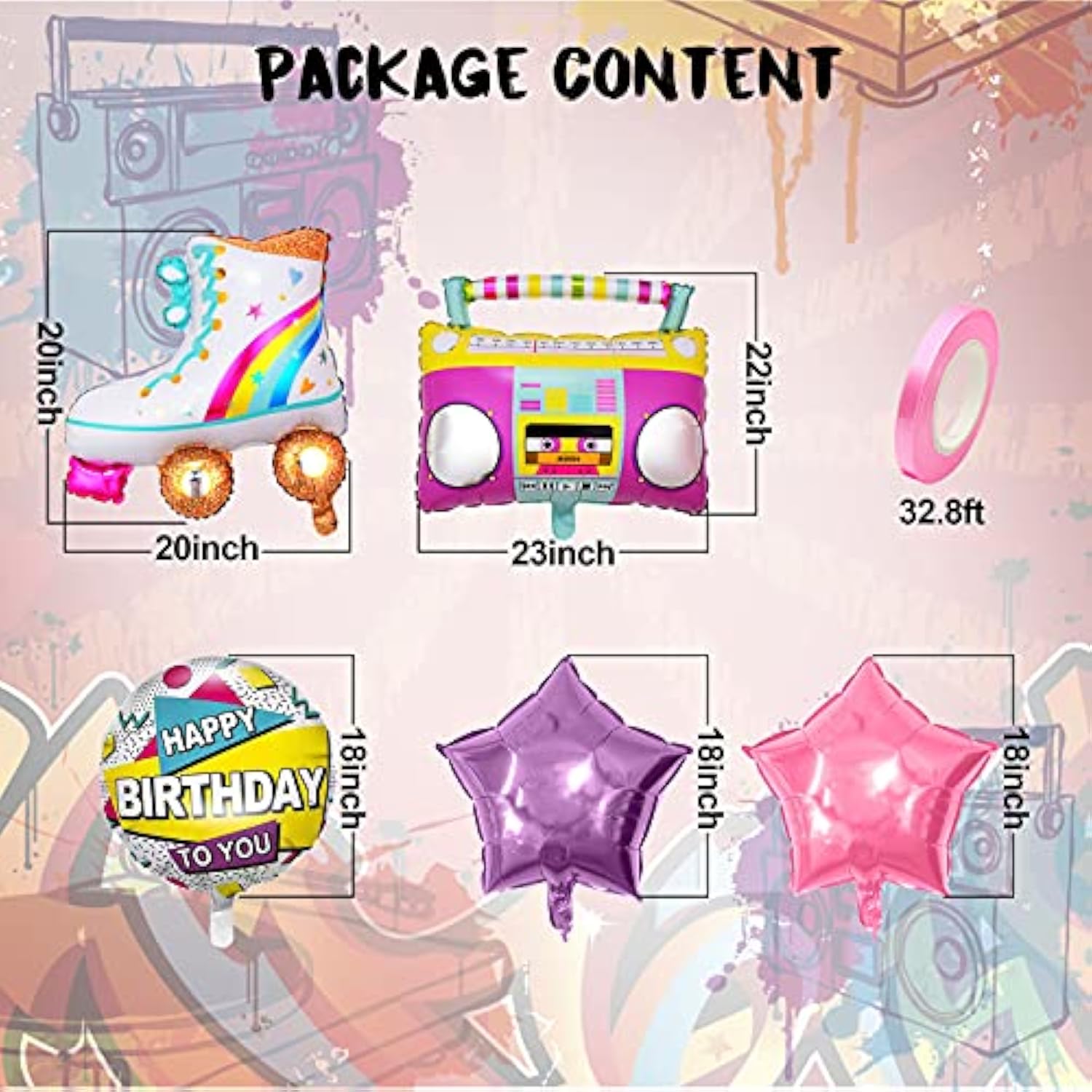 8 Pcs Roller Skate Rainbow Balloons Inflatable Radio Boombox Props For 80S 90S Party Decorations Retro Theme Hip Hop Birthday Party Back To The 80S 90S Decorations