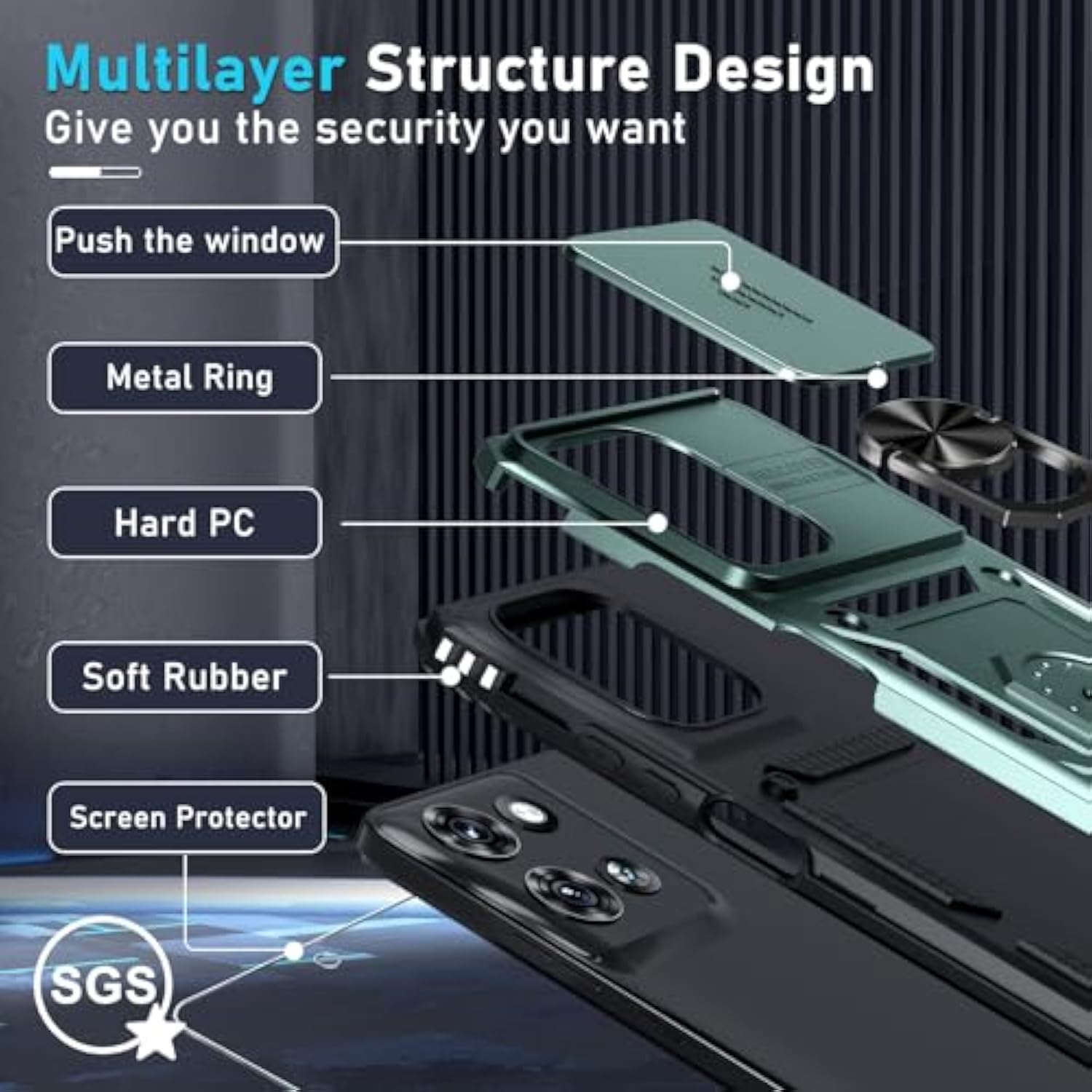 Compatible With Moto G 5G 2025 Case Built In Slide Camera Lens Cover+Screen Protector+Finger Ring Holder Kickstand,Heavy Duty Shockproof Full Body Protective Phone Cover,Dark Green