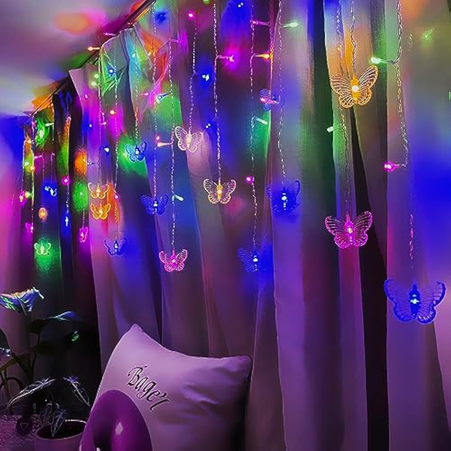 Butterfly Curtain Fairy Lights Usb Plug In,8 Modes 120 Led 20Ft Firefly Twinkle Timer String Lights With Remote For Bedroom Patio Christmas Wedding Party (Multi-Colored(Pink))