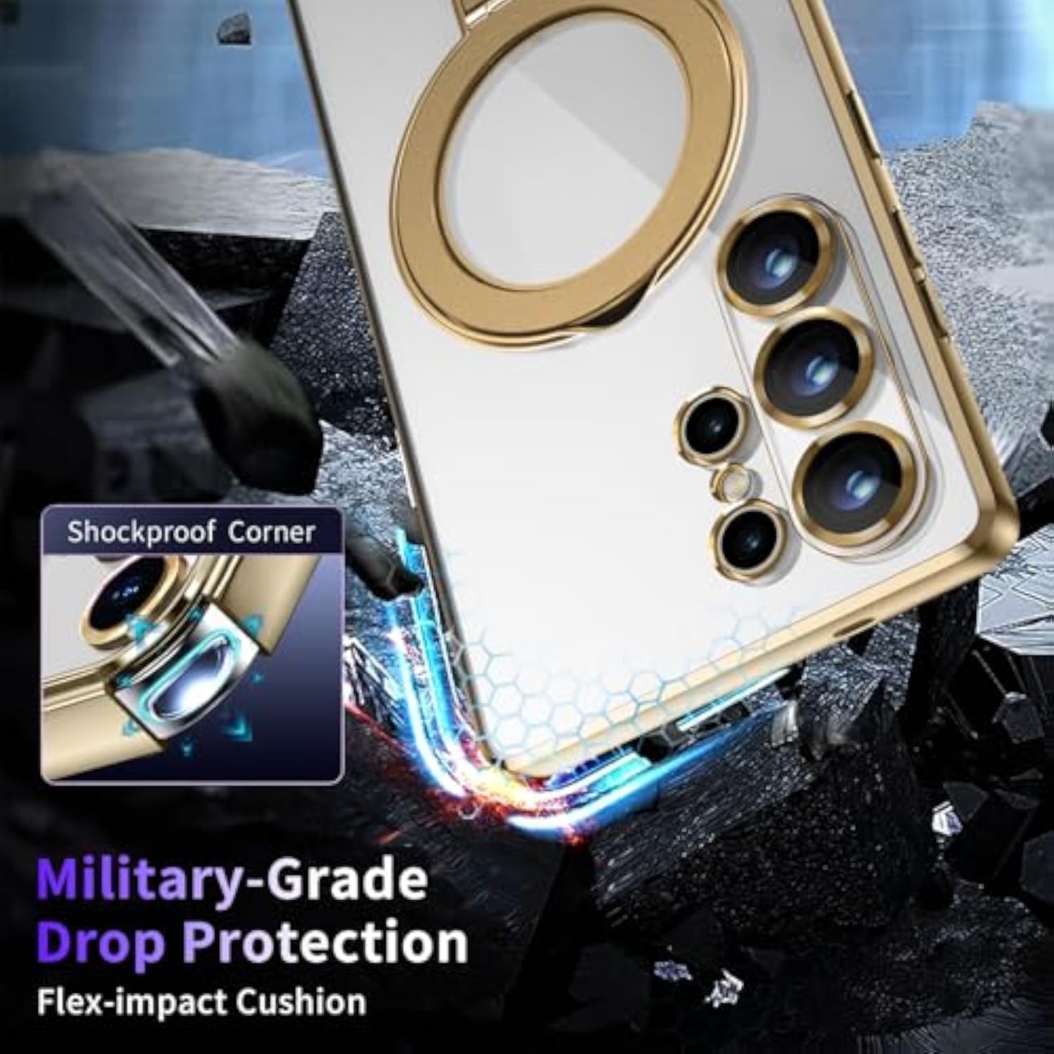 Magnetic Stand & Full Camera Lens Protector Case For Samsung Galaxy S25 Ultra[Compatible With Magsafe][Military Drop Protective] Not Yellowing Clear Slim Soft S25 Ultra Phone Case For Women Men,Gold