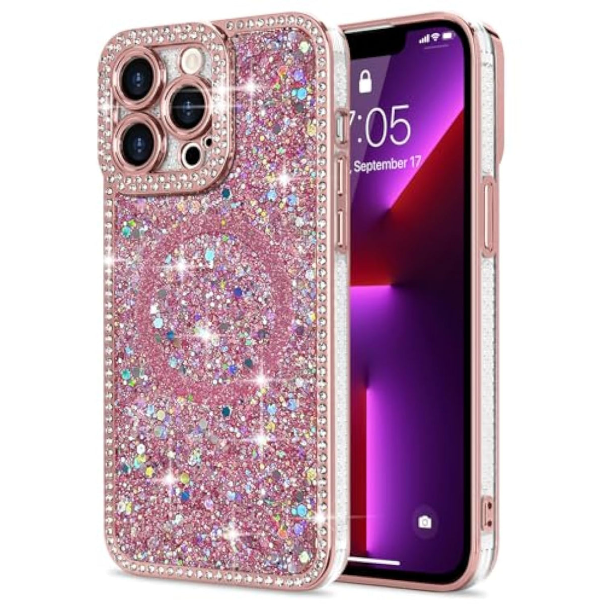 For Iphone 13 Pro Max Case Glitter, Luxury Bling Sparkly Rhinestone Diamonds Cover Compatible With Magsafe For Women Girls Shockproof Protective Phone Case For Iphone 13 Pro Max 6.7", Pink