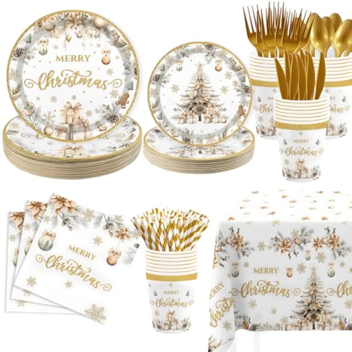 Christmas Party Supplies193Pcs, Gold Christmas Tree Disposable Dinnerware Paper Plates, Napkins, Cups, Cutlery,Tablecloth For Xmas Holiday Party Decor, Serve 24 Guestst