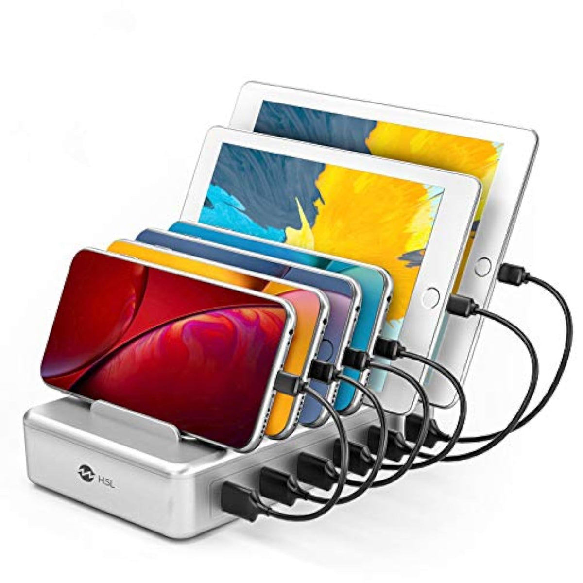 Charging Station For Multiple Devices - 6 Port Fast Charging Station For Iphone Ipad Android And Tablet - Multi Charging Stations - Phone Charging Stations With 6 Mixed Cables Included(Ul Certified)