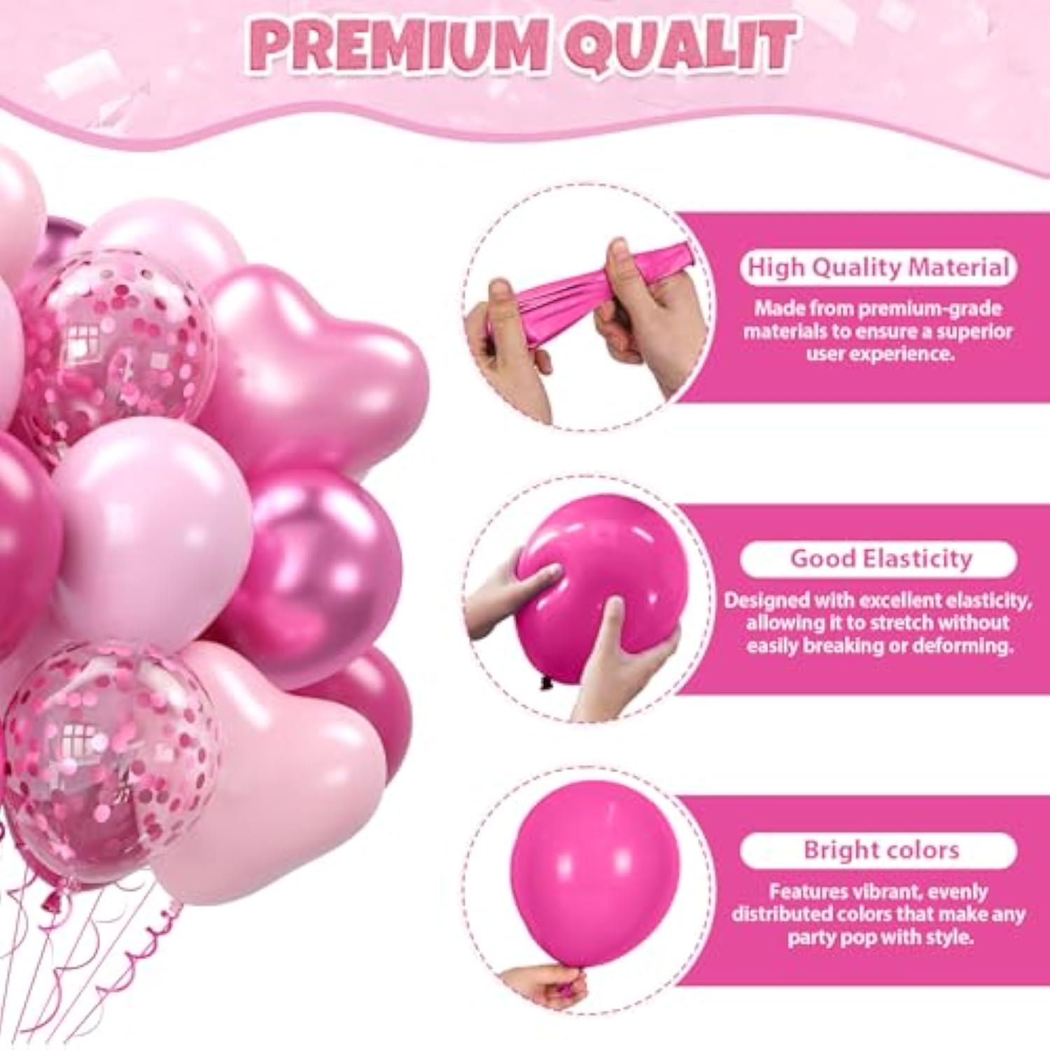Hot Pink Balloons, 60Pcs Metallic Pink Magenta Balloons With Macaron Heart Latex Balloon Confetti Balloon For Girls Women Princess Valentine'S Day Birthday Baby Shower Engagement Party Wedding Decor