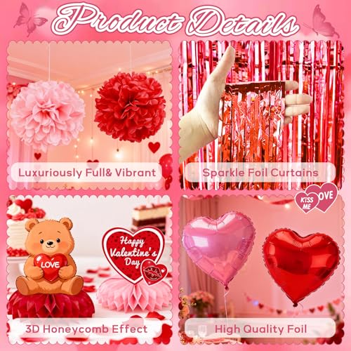 Valentines Day Decor Kit, Happy Anniversary Decorations with I Love You Balloons 1000Pcs Silk Red Rose Petals Romantic Heart Balloon for Wedding Anniversary Valentines Day Decorations