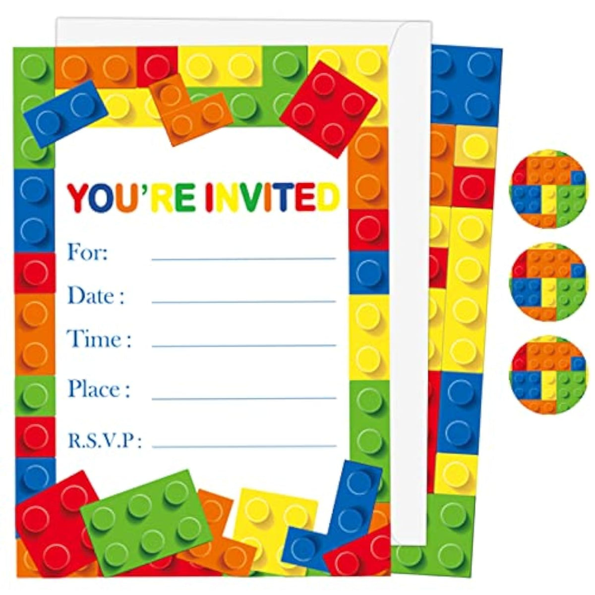 Children Boys Birthday Party Invitations Building Blocks Party Supplies, Stacking Block Bricks Invitation Cards Set With Sticker Labels Envelopes Birthday Decorations For 24 Guests
