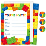 Children Boys Birthday Party Invitations Building Blocks Party Supplies, Stacking Block Bricks Invitation Cards Set With Sticker Labels Envelopes Birthday Decorations For 24 Guests