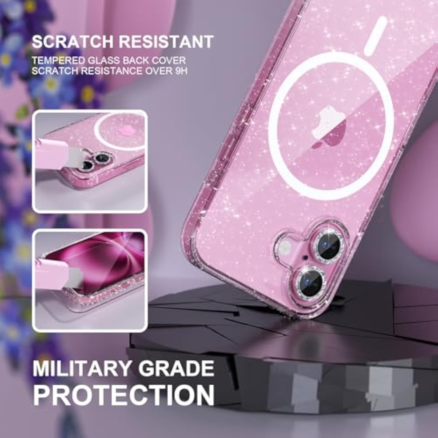 For Iphone 16 Plus Case Magnetic, Women Clear Glitter Bling Sparkly Case, [2Xdiamond Camera Lens Protectors] [2Xtempered Glass Screen Protectors] [Compatible Magsafe] 6.7" (Glitter Clear)