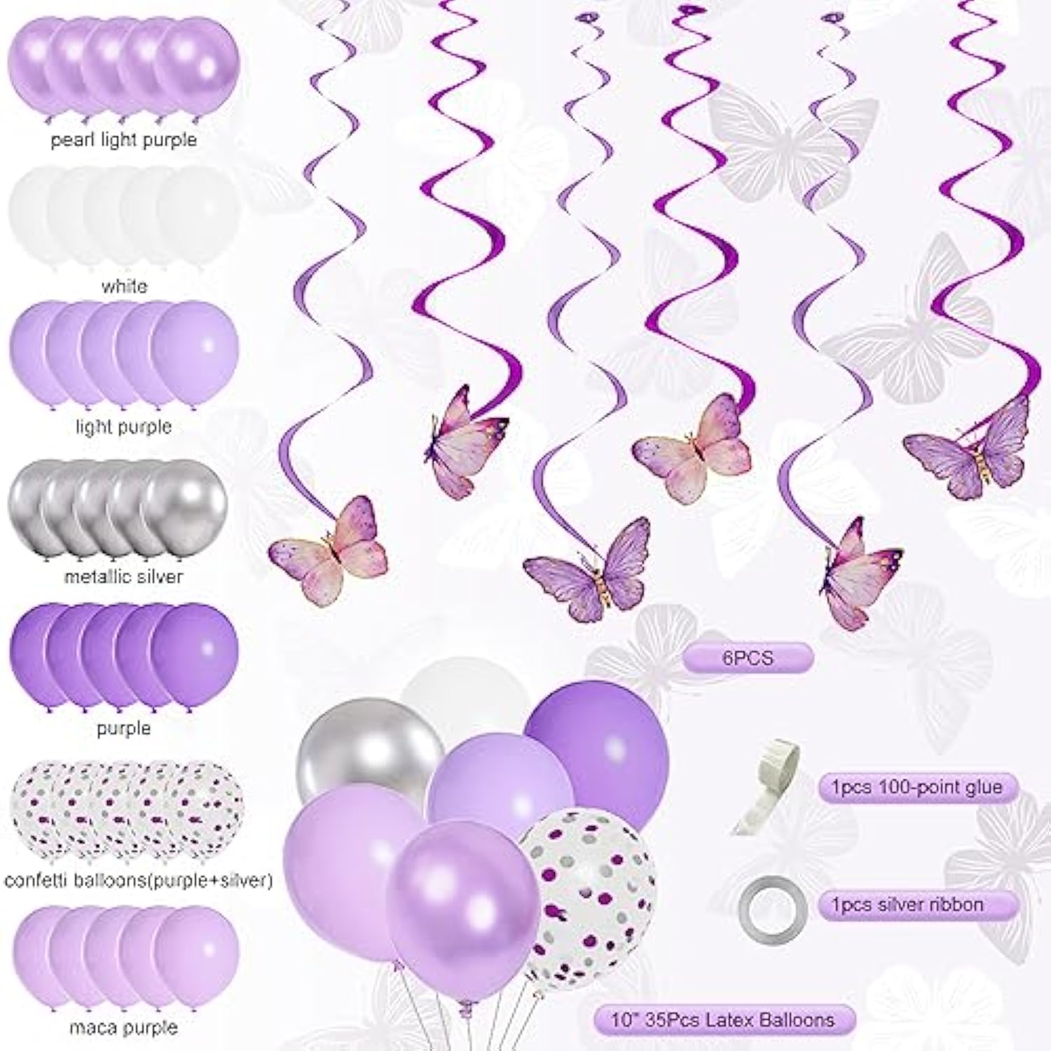 72PCS Purple Birthday Decorations Lavender Silver Balloons Banner Lanterns Swirls for Party