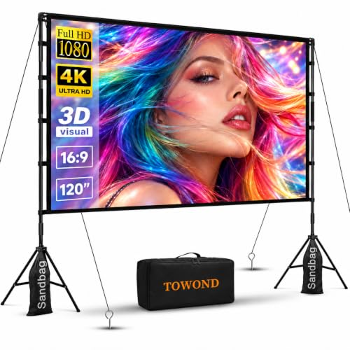 Outdoor Projector Screen With Stand, 120 Inch Portable Movie Screen - 16:9 4K Hd Foldable Anti-Crease Projection Screen With Carry Bag For Movie Nights, Camping And Parties Support Double Sided