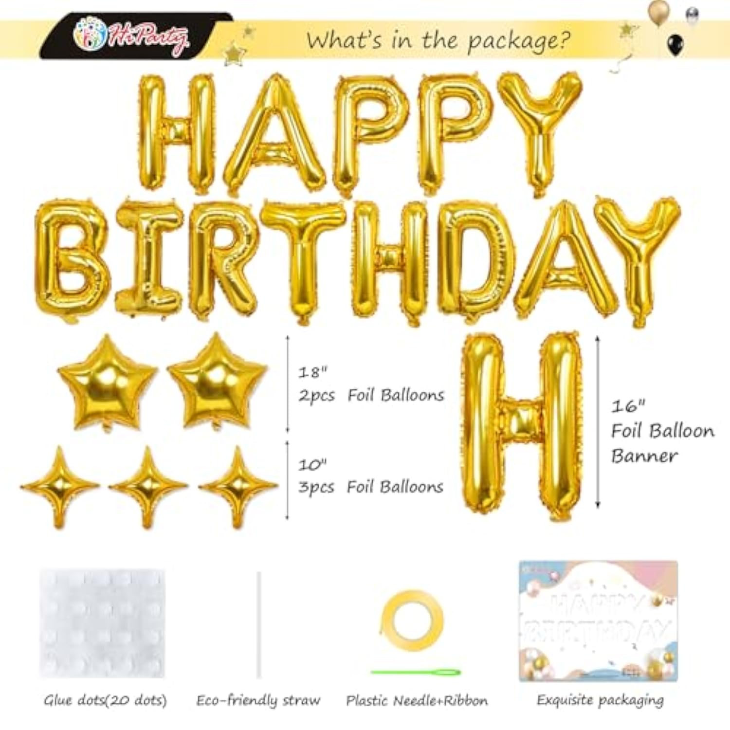 Gold Happy Birthday Balloon Banner with Star Balloons