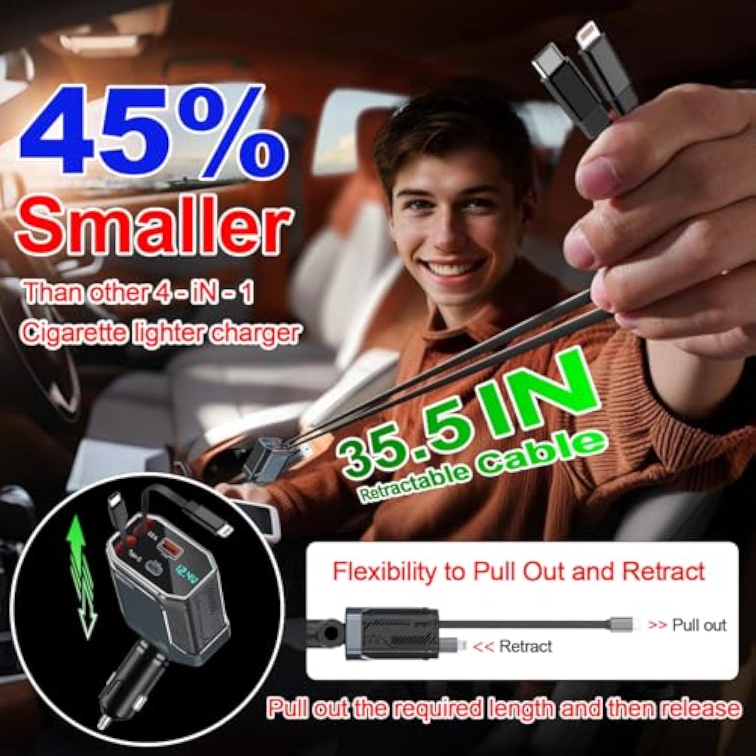 Retractable Car Charger Adapter,4 In 1 Fast Charging Car Adapter,85W Usb C Truck Accessories,Voltage Display, Gifts For Women Men,Compatible With Iphone 16 15 14 13 12 Pro Max Plus,Galaxy,Pixel