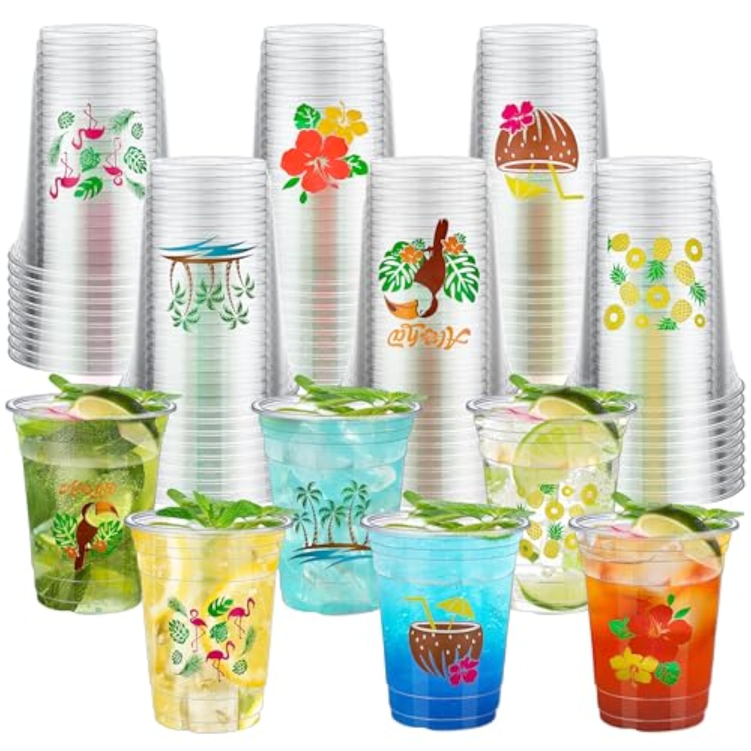 60 Pcs Luau Party Cups 16 Oz Clear Plastic Tropical Hawaiian Cup Disposable Hawaii Flamingo Pineapple Drinking Cups For Summer Beach Hawaiian Luau Drinkware Party Supplies