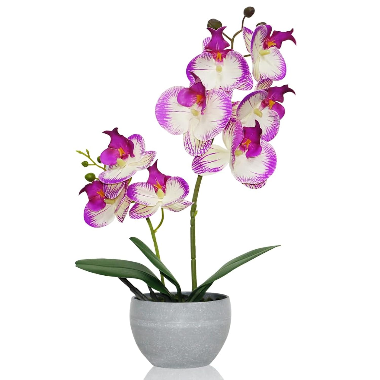 Purple Orchid Artificial Flowers 2 Stems In Grey Pot, Potted Faux Orchid Flower For Home Bathroom Table Living Room Office Kitchen Decor