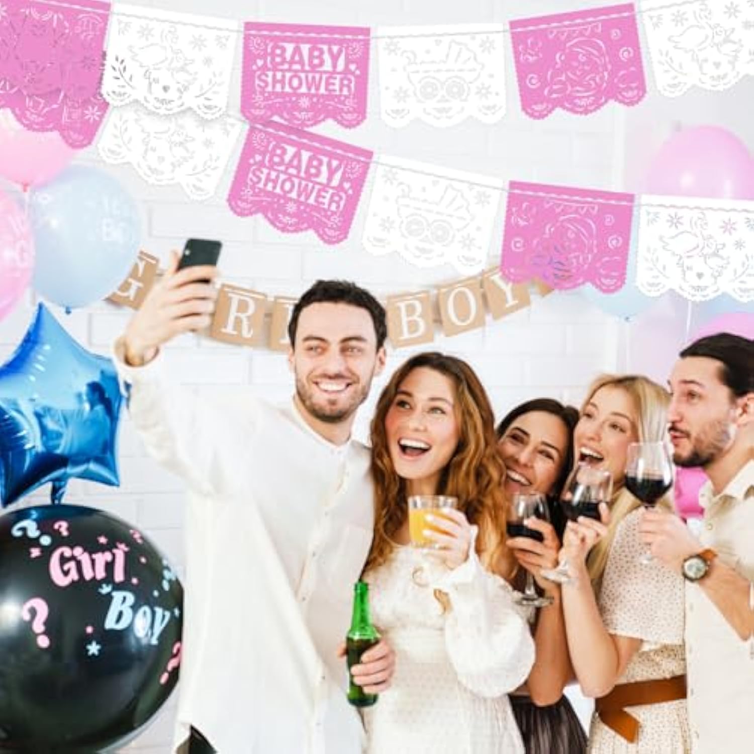 6 Pack 98.43 Ft Baby Shower Papel Picado Mexican Banner Cielito Lindo Party Plastic Fiesta Banner Talavera Theme Decorations For Baby Shower Party Hanging(Pink And White)