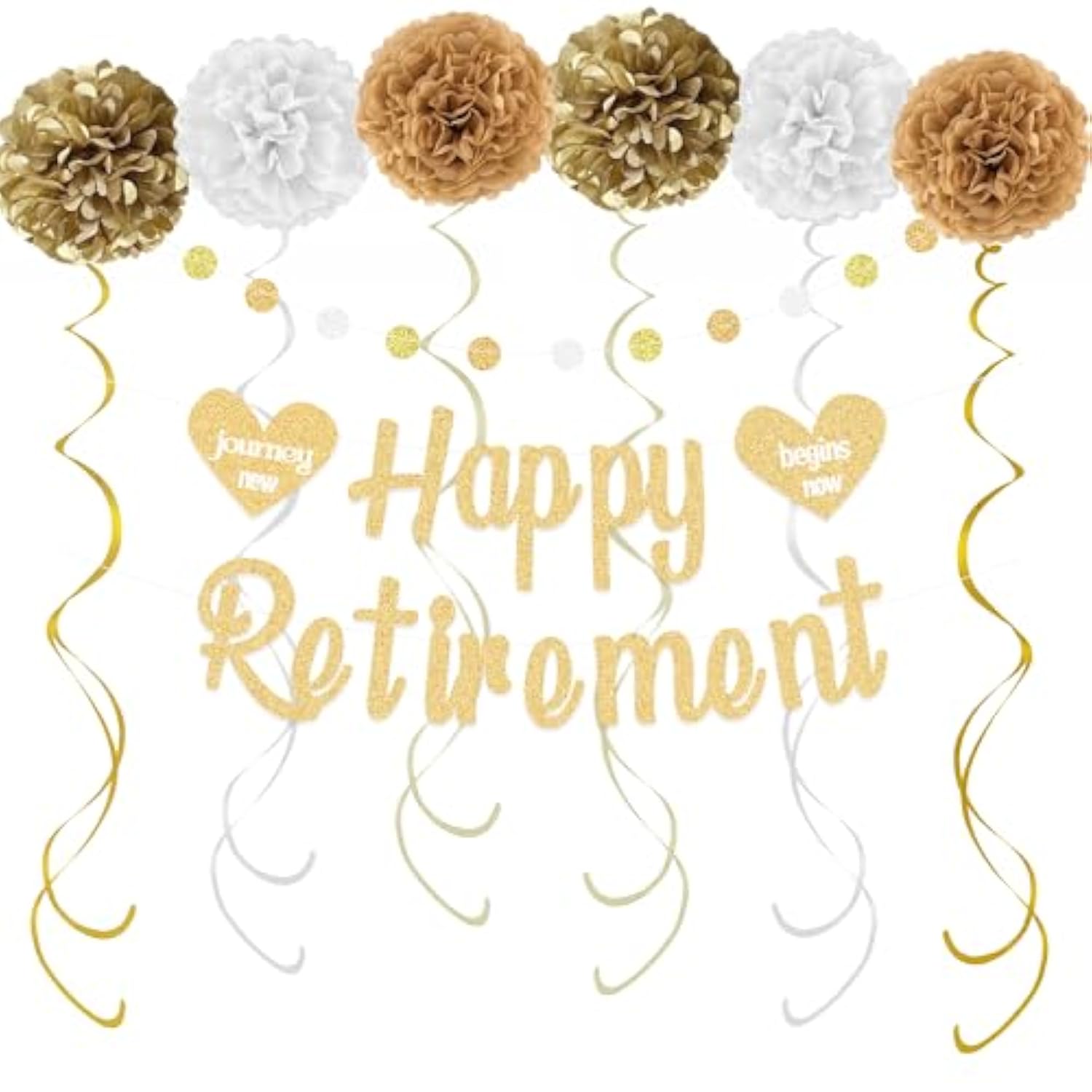 Gold Happy Retirement Party Decor Set with Banner, Swirls & Pom Poms