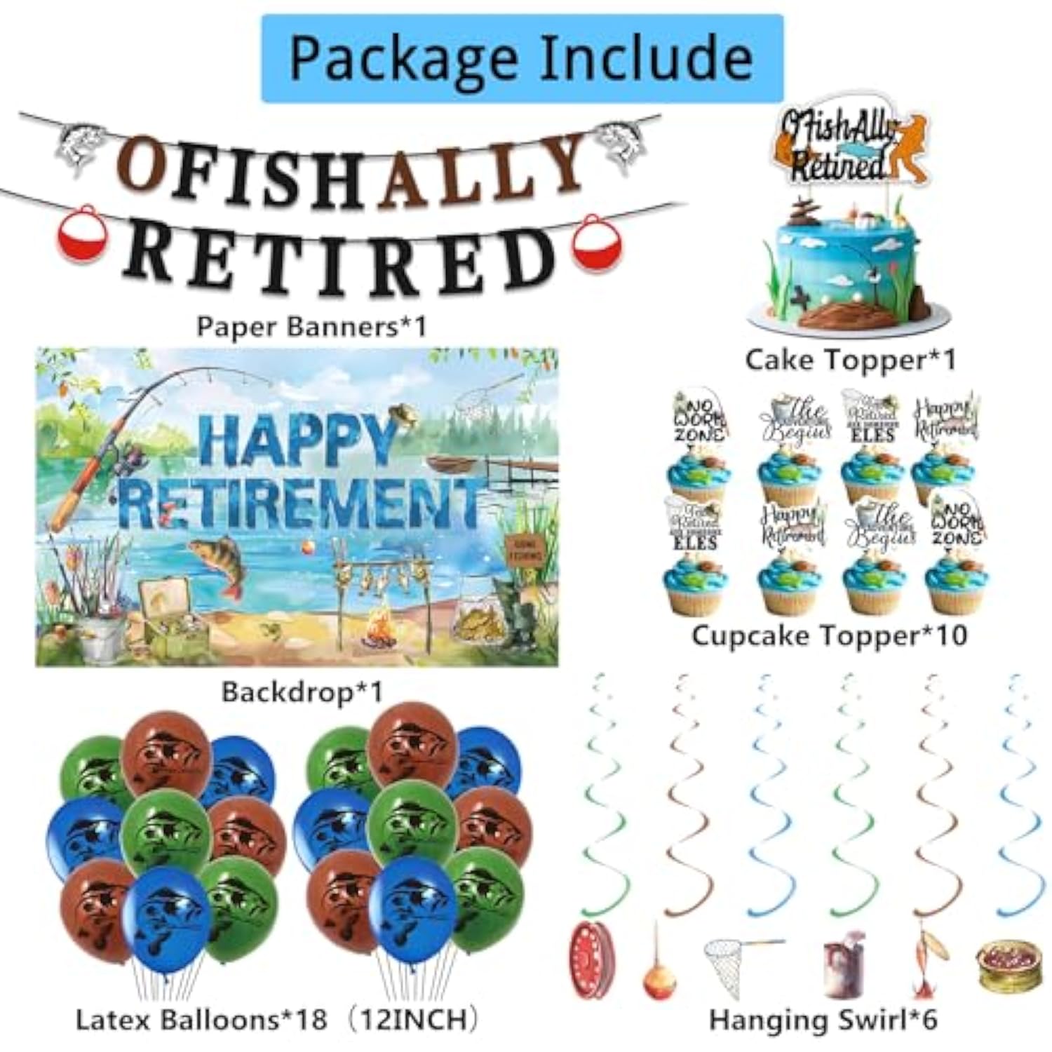 Retirement Party Decorations Men Women, Ofishally Retired Banner Balloons Cake Topper Hanging Swirls Kit, Gone Fishing Themed Happy Retirement Party Supplies For Coworker Photo Backdrop