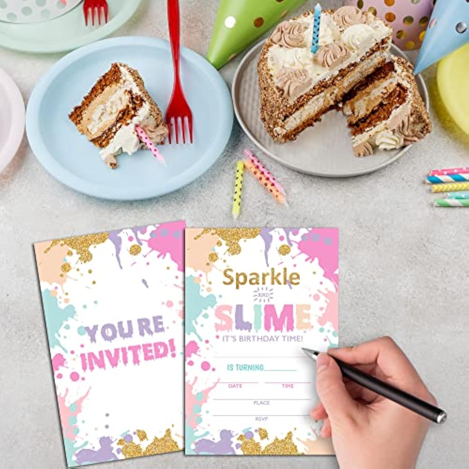 Slime Birthday Invitations For Kids, Sparkle And Slime Birthday Party Invitation Cards, Slime Party Celebration Supplies Decoration -20 Fill In Invitations With Envelopes (B16)