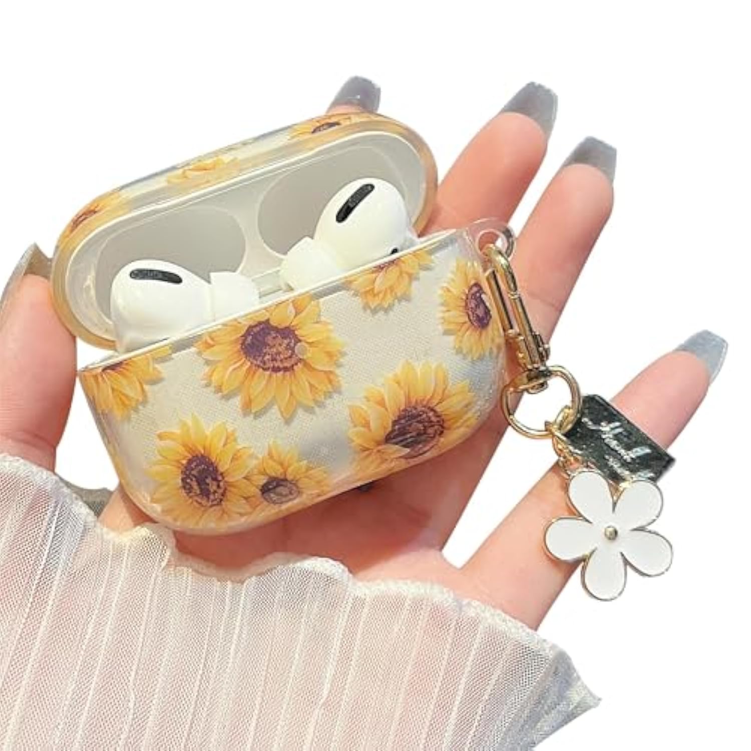 Compatible With Airpods Pro Clear Case,Cute Cartoon Flower Pattern Design With Floral Keychain, Soft Tpu Protective Shockproof Case For Airpod Pro For Girls Women-Yellow Sunflower