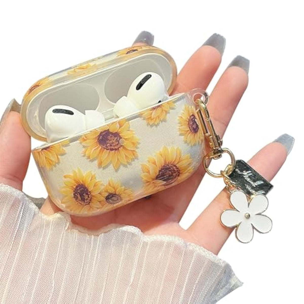 Compatible With Airpods Pro Clear Case,Cute Cartoon Flower Pattern Design With Floral Keychain, Soft Tpu Protective Shockproof Case For Airpod Pro For Girls Women-Yellow Sunflower