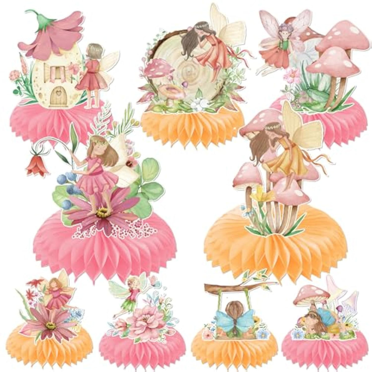 Fairy Honeycomb Centerpieces Birthday Decorations - 9Pcs Fairy Party Centerpieces For Table, Butterfly Flower Fairies Theme Party Decorations, My Fairy First Birthday Baby Shower Supplies