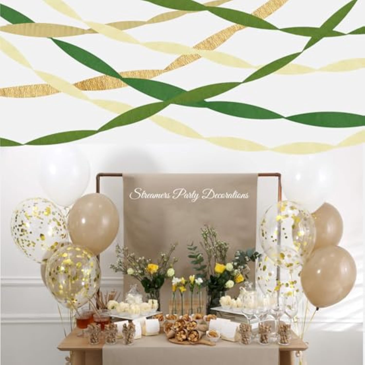 Birthday Baby Shower Decorations, Sage Green Gold Crepe Paper Streamers Party Decorations(5 Rolls) For Camp Bachelorette, Bridal Shower,Engagement Woodland Safari Boho Party Decor Women Adults