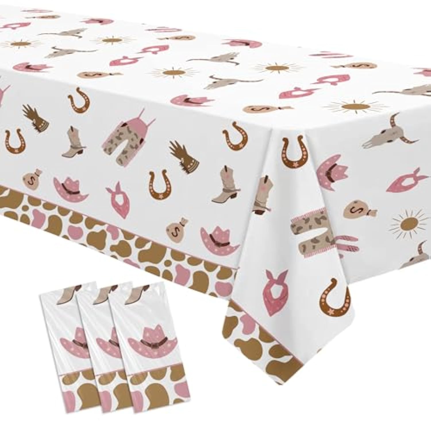 3 Pack Western Cowgirl Party Decorations Tablecloth For Birthday Baby Shower, Pink Wild West Rodeo Cowgirl Birthday Party Supplies Table Cover, 55In X 86In