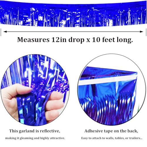 3 Pack Blue Total 30 Feet Foil Fringe Garland Metallic Tinsel Banner Wall Hanging Drapes Parade Float Skirting Decorations for Trailer Mardi Gras Party Birthday Baby Shower (Royal Blue)