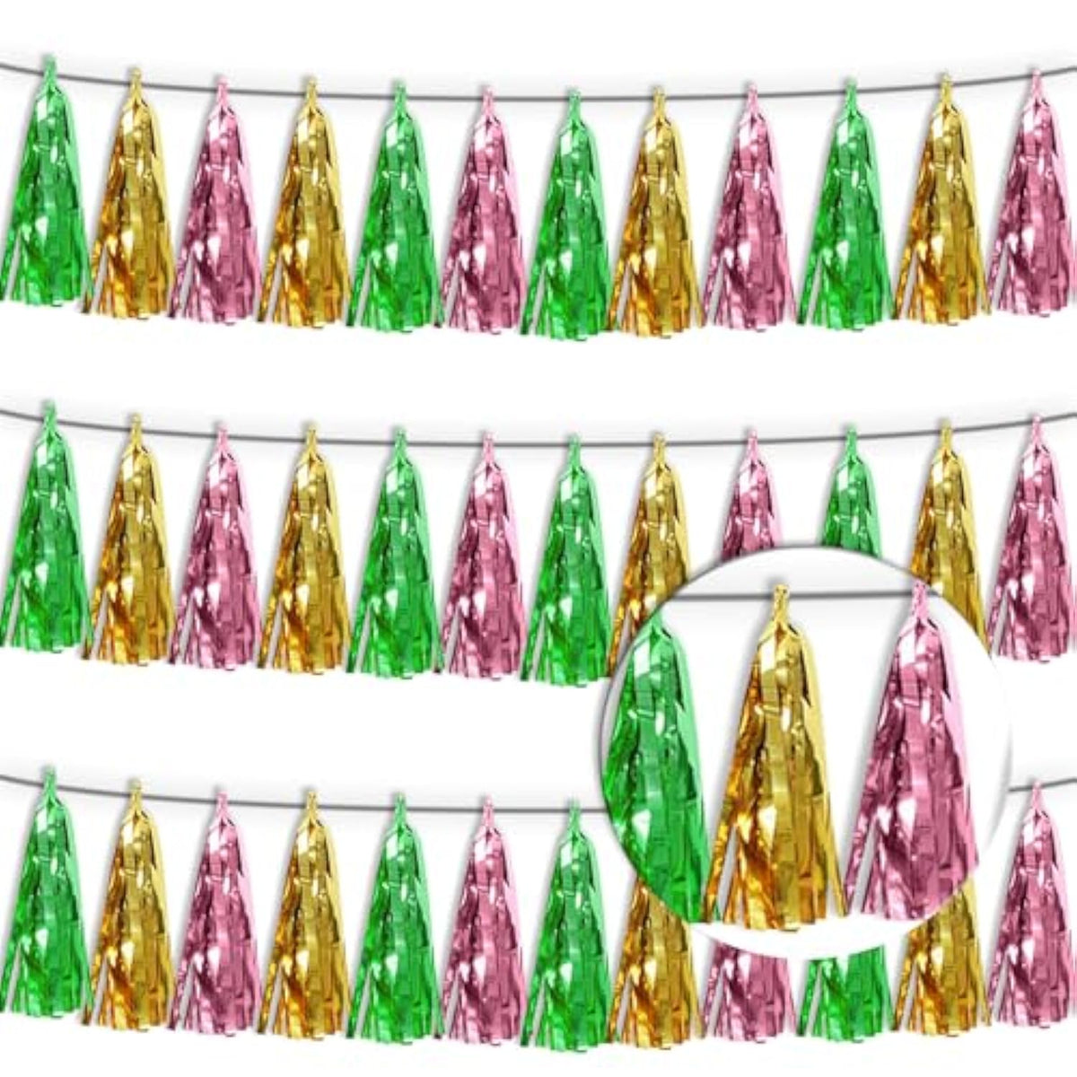 3P Sage-Green Gold Pink Tassel Banner Garland Metallic Foil Fringe Banner Tinsel Tassels Streamer Banner Backdrop For Parade Floats, 2025 Graduation Decorations, Woodland Party Decoration