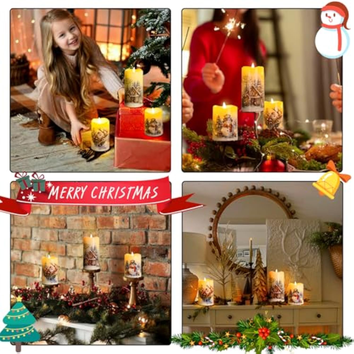 Christmas Flameless Flickering Led Candles With Remote Timer,Battery Operated 3D Wick Pillar Candles Fiber Oiptic Decorative Lights Set Of 3 For Decorations Indoor