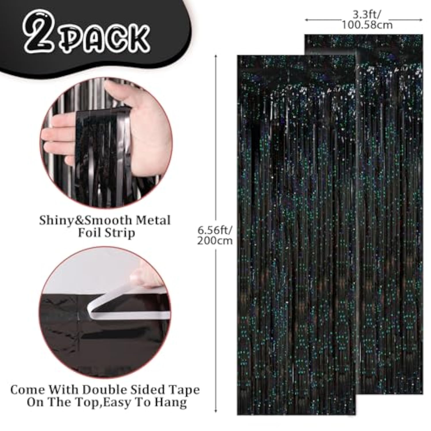 2 Pack Laser Black Tinsel Foil Fringe Curtains, Black Party Decorations, Metallic Tinsel Party Streamers Backdrop For Birthday Halloween Masquerade New Years Gatsby 1920S Party Decorations