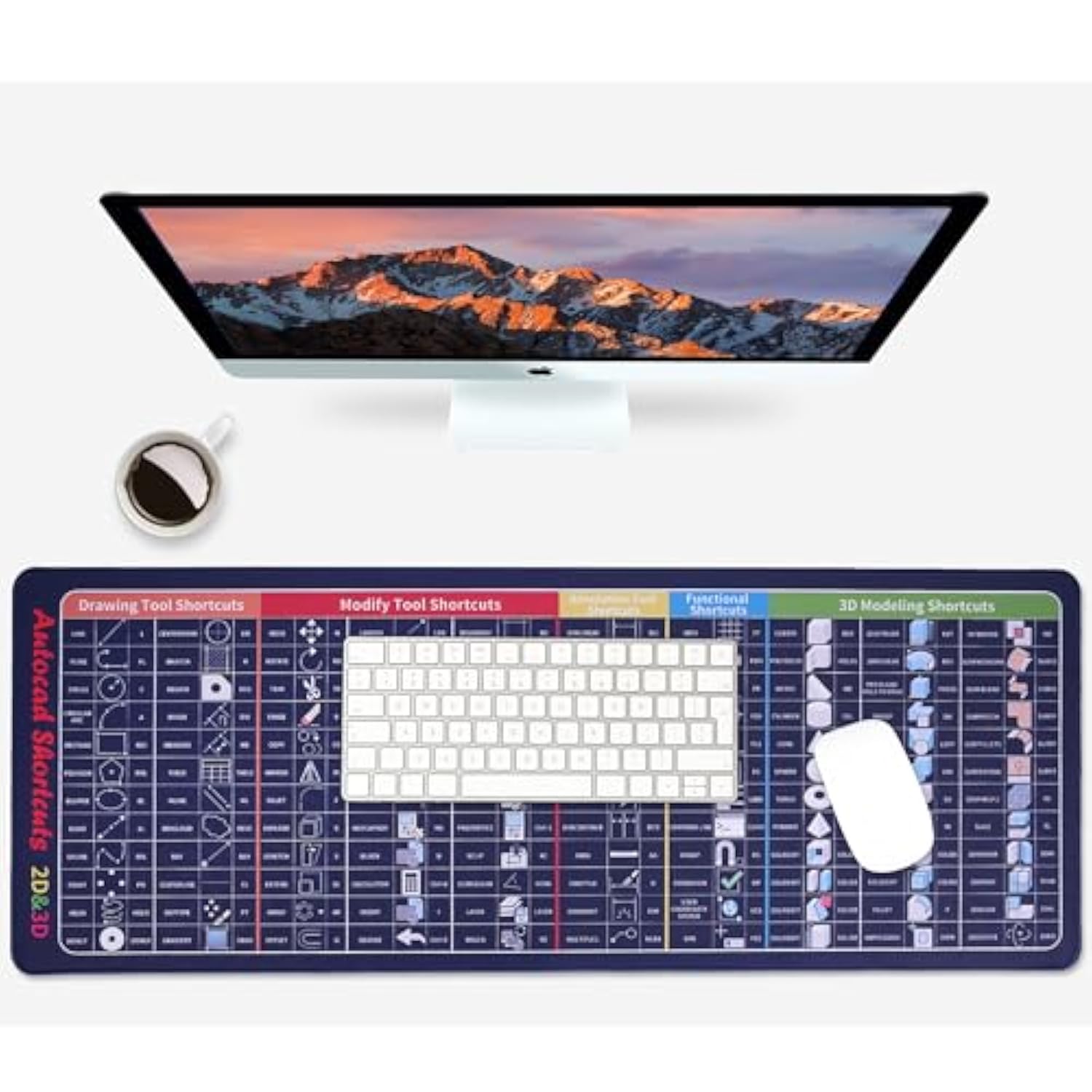 Cad Shortcuts Mouse Pad - Xl Large Mouse Pad For Office And Cad - Large Desk Pad For Desktops. Desk Mat With Stitched Edges For Gamer, Student And Office. (Black)