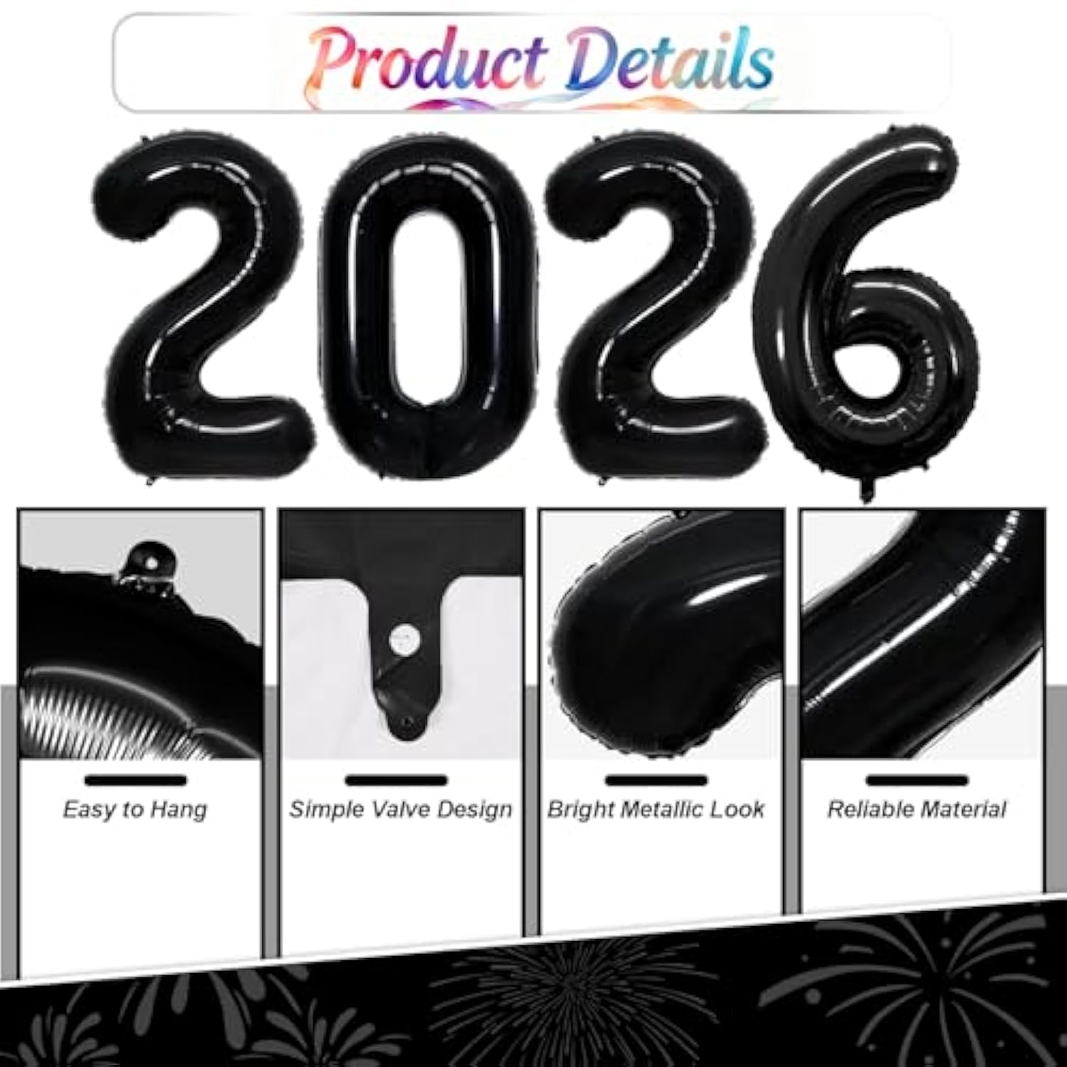 16in Black Hello 2026 Foil Number Balloons Happy New Year Party Decorations