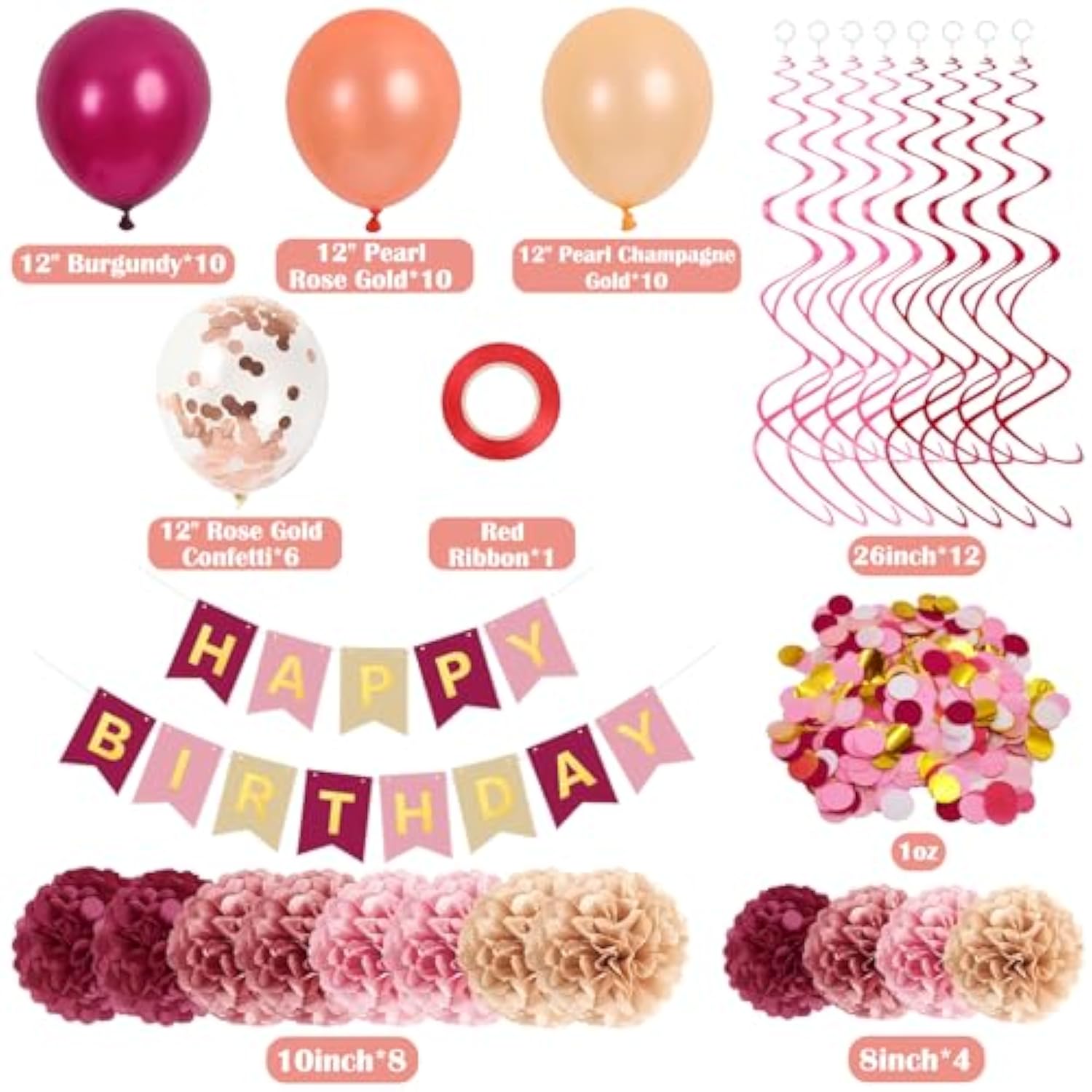 Pink Burgundy Birthday Décor Kit – Balloons, Pom Poms & Banner Set