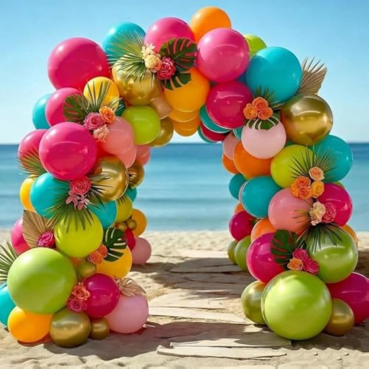 Tropical Balloons Arch Hot Pink Green Balloons Pastel Yellow Orange Gold Balloon Garland Teal Blue Balloon For Birthday Baby Shower Hawaiian Summer Luau Easter Party Decorations