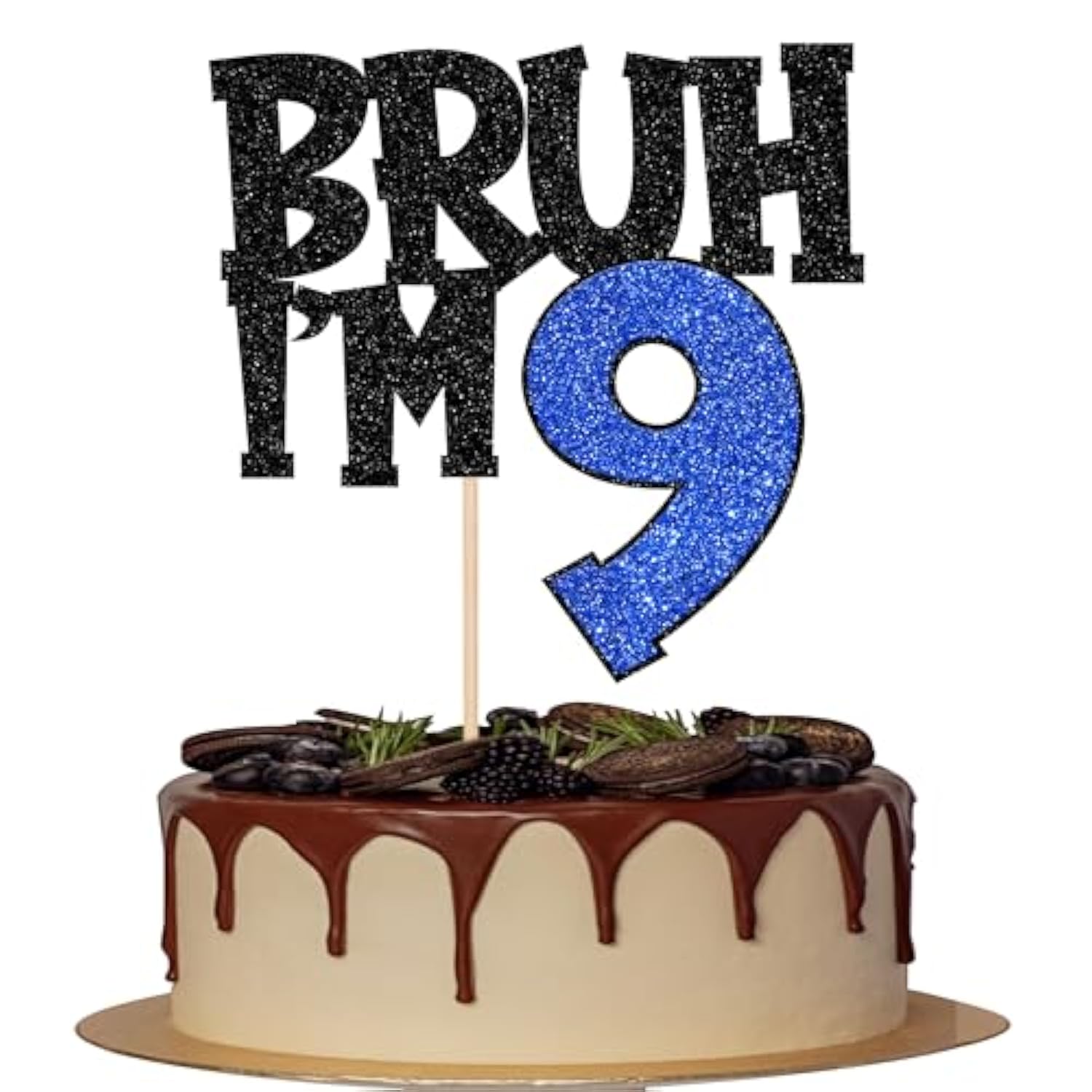 Bruh I'm 9 Glitter Cake Topper Blue Happy 9th Birthday Party Decor