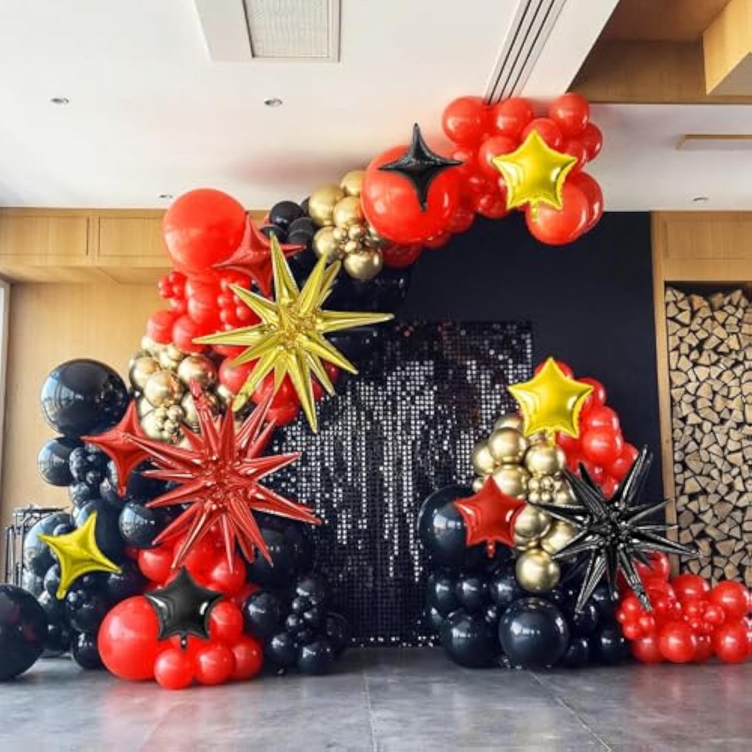 16 Pcs Black Gold Red Star Foil Balloons Mixed Sizes Party Decor