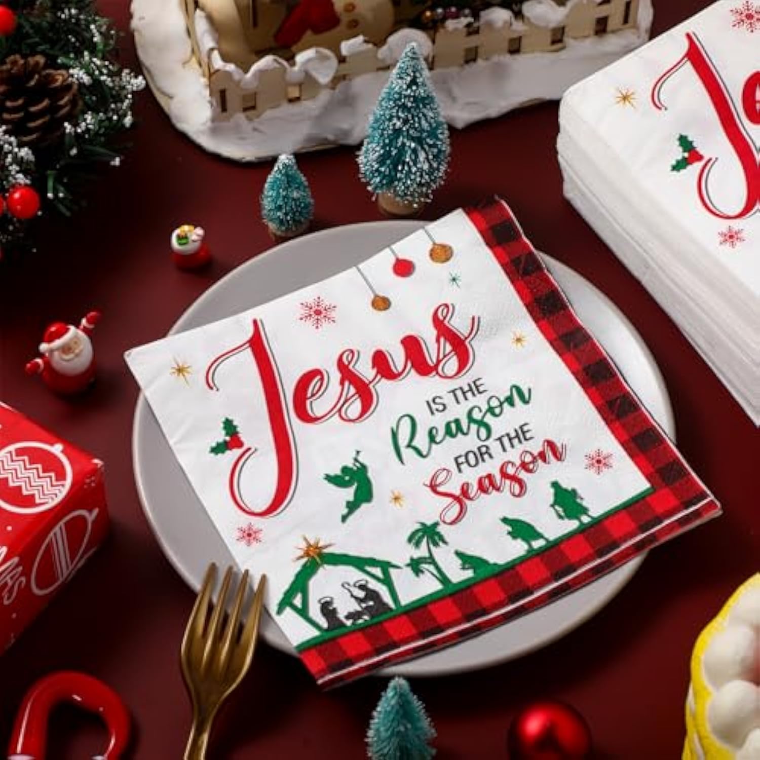 100 Pcs Christmas Nativity Paper Napkins Disposable Jesus Is The Reason For The Season Paper Guest Napkins Xmas Nativity Religious Hand Towels For Christmas Party Nativity Scene(Red,Square)