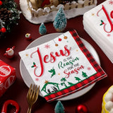 100 Pcs Christmas Nativity Paper Napkins Disposable Jesus Is The Reason For The Season Paper Guest Napkins Xmas Nativity Religious Hand Towels For Christmas Party Nativity Scene(Red,Square)